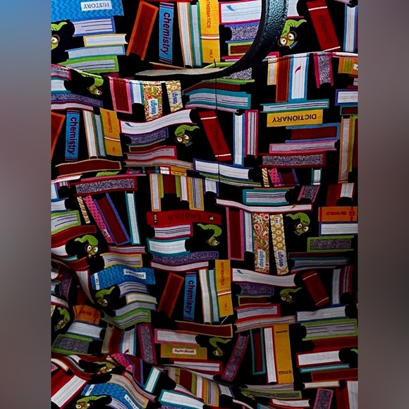 Faux Leather Black Tote Bag w Colorful Book Library Interior Lining Strap Close - Picture 6 of 13